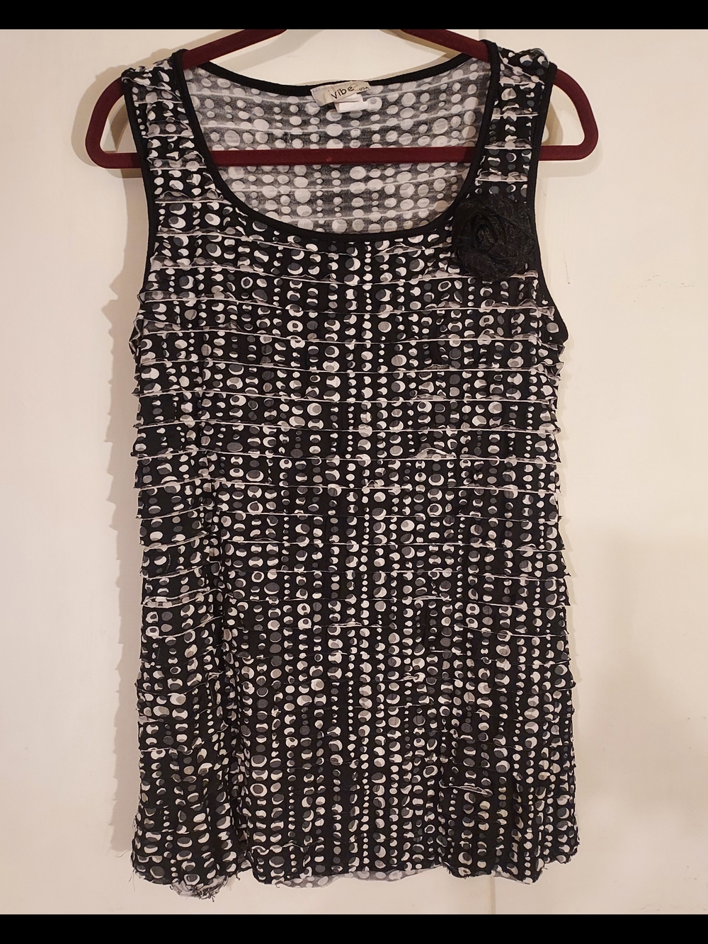 Vibe-Black-White-Polka Dot-Ruffle Tank with Flower Accent